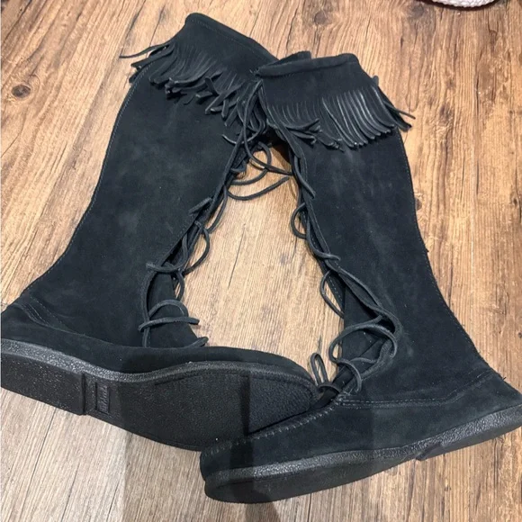 Minnetonka Black Suede Fringe Knee-High Boots - Picture 3 of 7